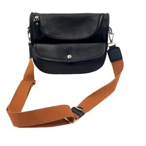 Donna Celi Italia Black Vera Pelle Italian Leather Crossbody Bag Caramel Strap